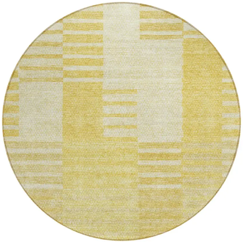 8' Gold Wheat And Ivory Round Striped Washable Indoor Outdoor Area Rug Photo 5