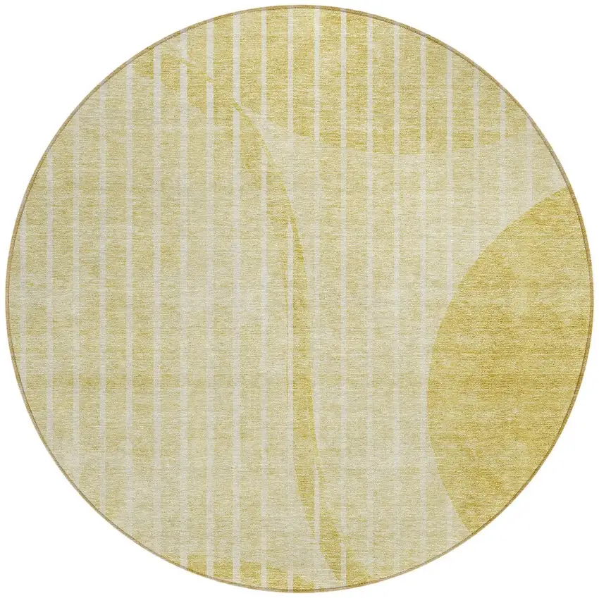 8' Gold Wheat And Ivory Round Striped Washable Indoor Outdoor Area Rug Photo 4