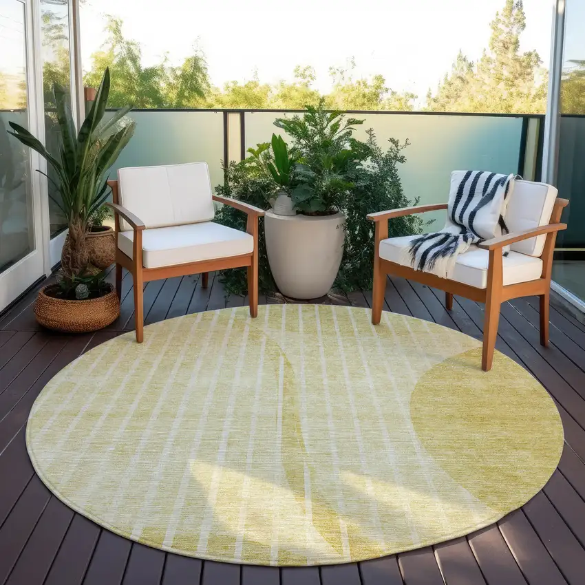 8' Gold Wheat And Ivory Round Striped Washable Indoor Outdoor Area Rug Photo 6