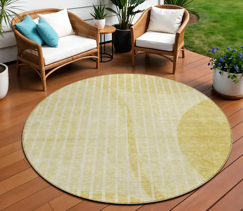 8' Gold Wheat And Ivory Round Striped Washable Indoor Outdoor Area Rug Photo 1