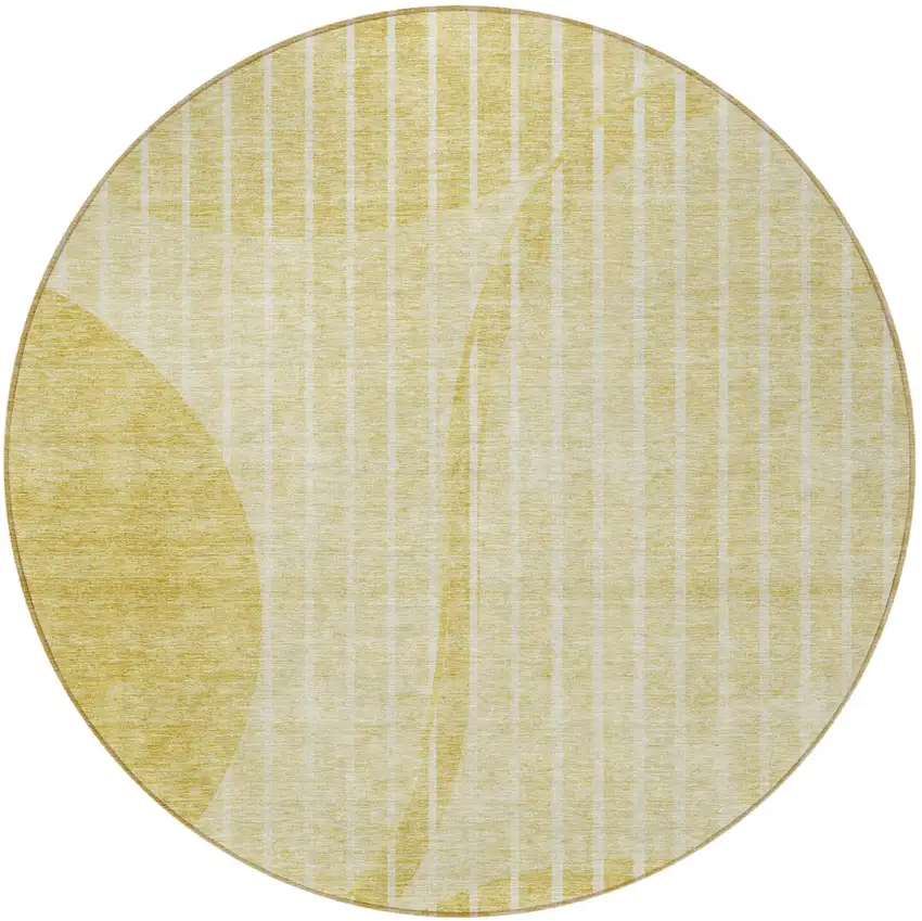 8' Gold Wheat And Ivory Round Striped Washable Indoor Outdoor Area Rug Photo 5