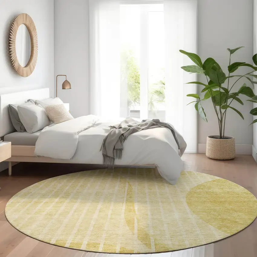 8' Gold Wheat And Ivory Round Striped Washable Indoor Outdoor Area Rug Photo 7