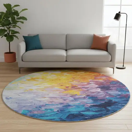 8' Gold Yellow And Teal Abstract Washable Round Rug With UV Protection Photo 2