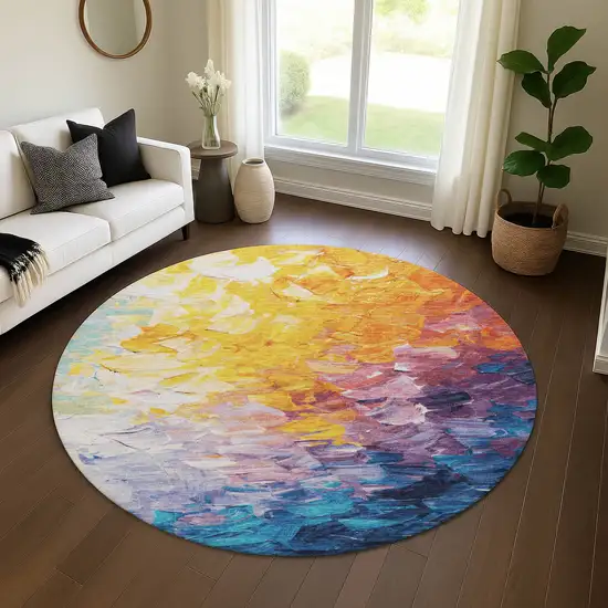 8' Gold Yellow And Teal Abstract Washable Round Rug With UV Protection Photo 4