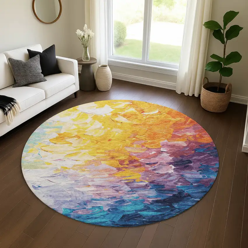 8' Gold Yellow And Teal Abstract Washable Round Rug With UV Protection Photo 4