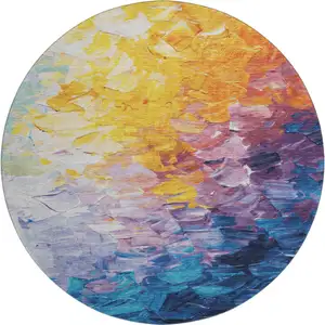 Photo of 8' Gold Yellow And Teal Abstract Washable Round Rug With UV Protection