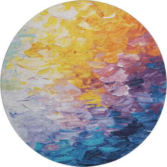 8' Gold Yellow And Teal Abstract Washable Round Rug With UV Protection Photo 1