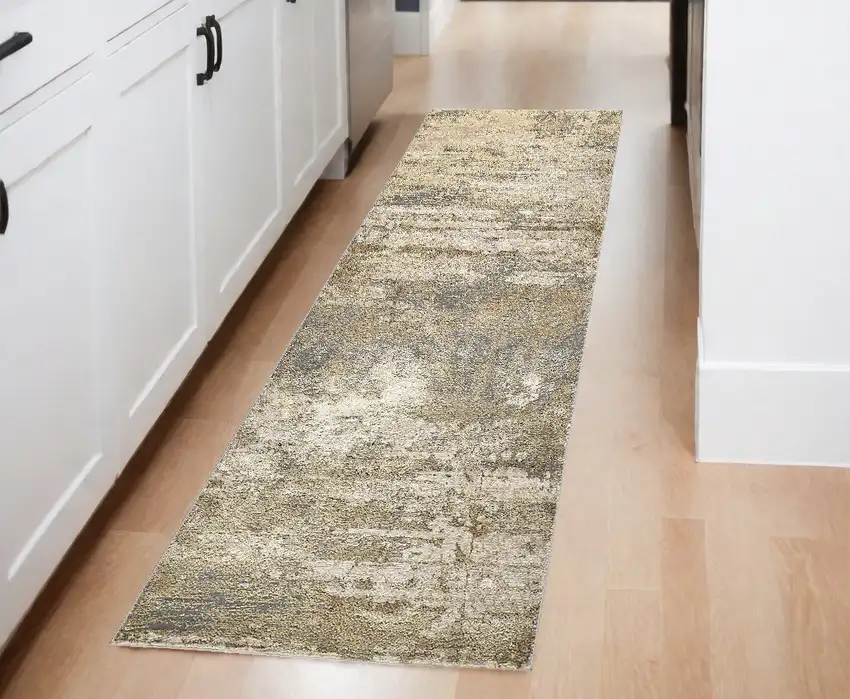 8' Gold and Ivory Abstract Power Loom Runner Rug Photo 1