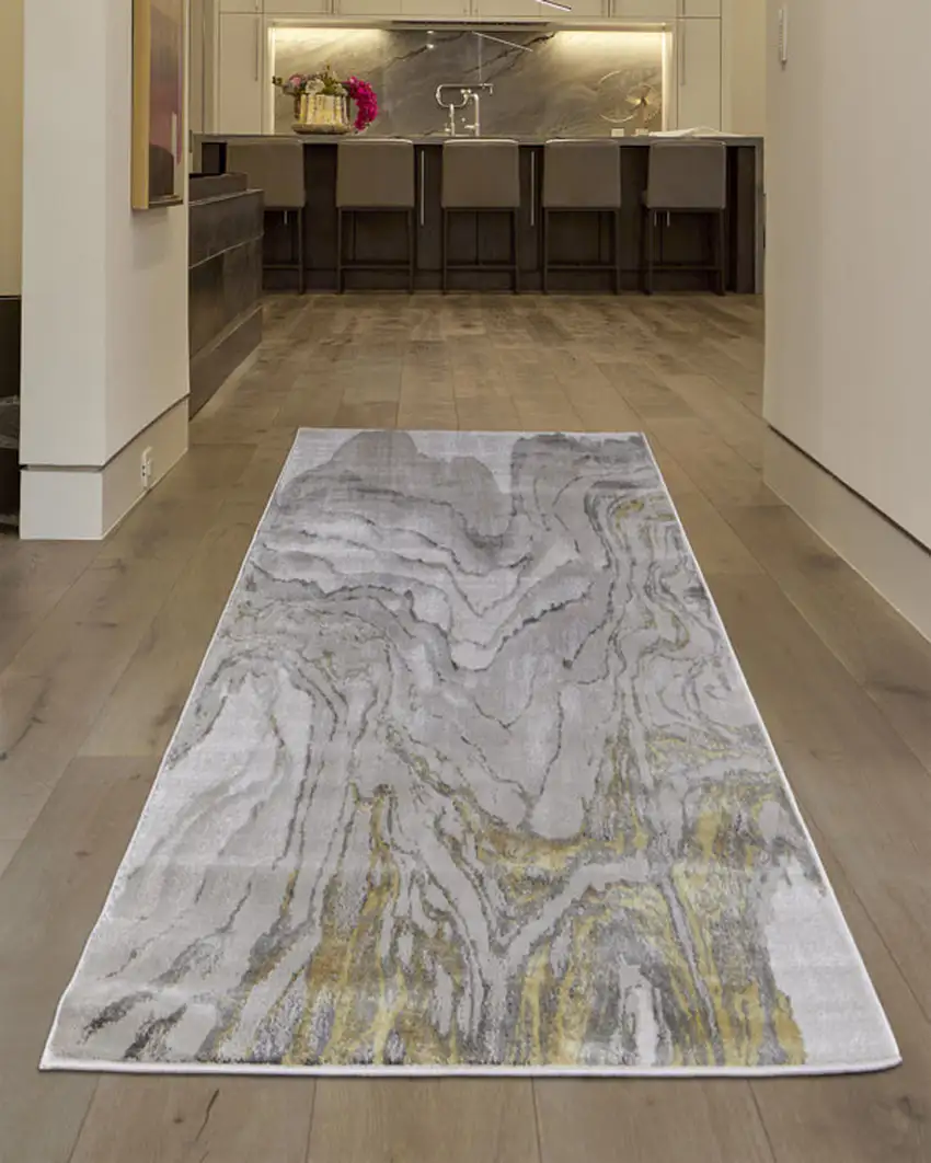 8' Gold and Ivory Abstract Runner Rug Photo 6