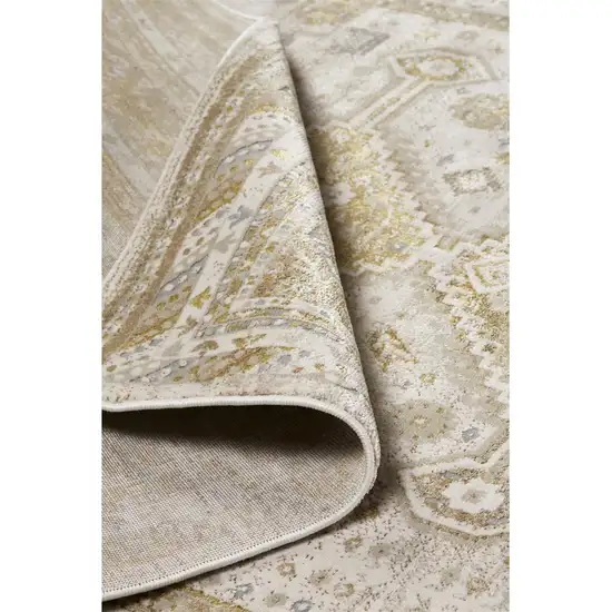 8' Gold and Ivory Floral Runner Rug Photo 3