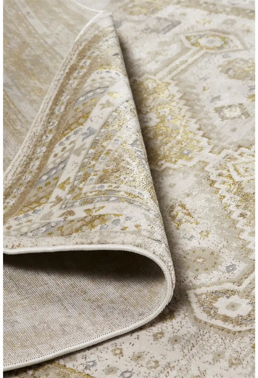 8' Gold and Ivory Floral Runner Rug Photo 3