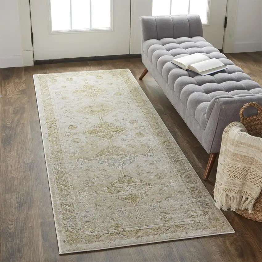 8' Gold and Ivory Floral Runner Rug Photo 5