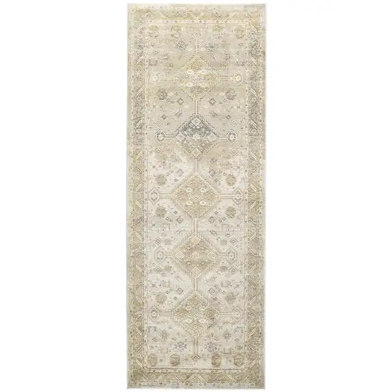 8' Gold and Ivory Floral Runner Rug Photo 1