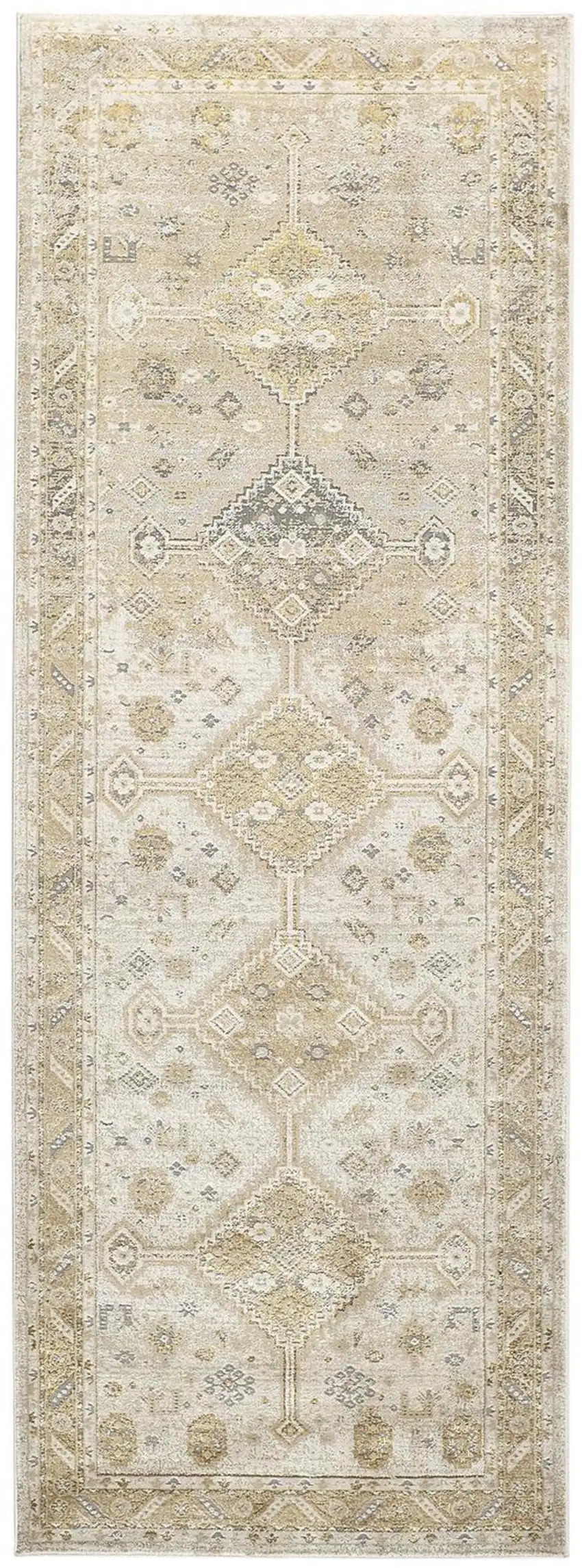 8' Gold and Ivory Floral Runner Rug Photo 1