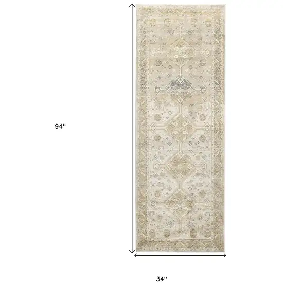 8' Gold and Ivory Floral Runner Rug Photo 6