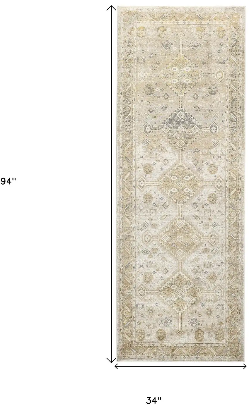 8' Gold and Ivory Floral Runner Rug Photo 6