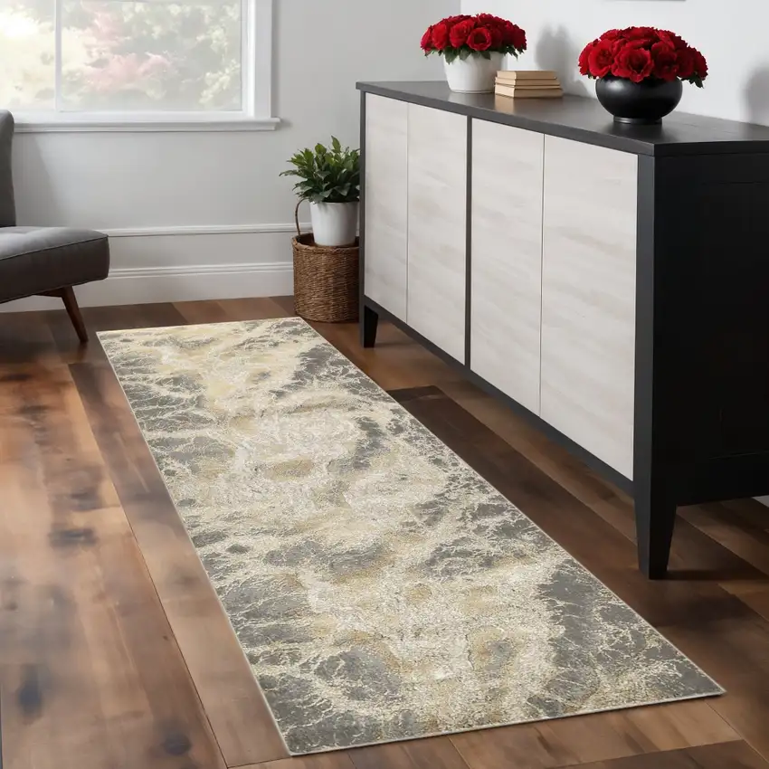 8' Ivory Tan And Gray Abstract Runner Rug Photo 1