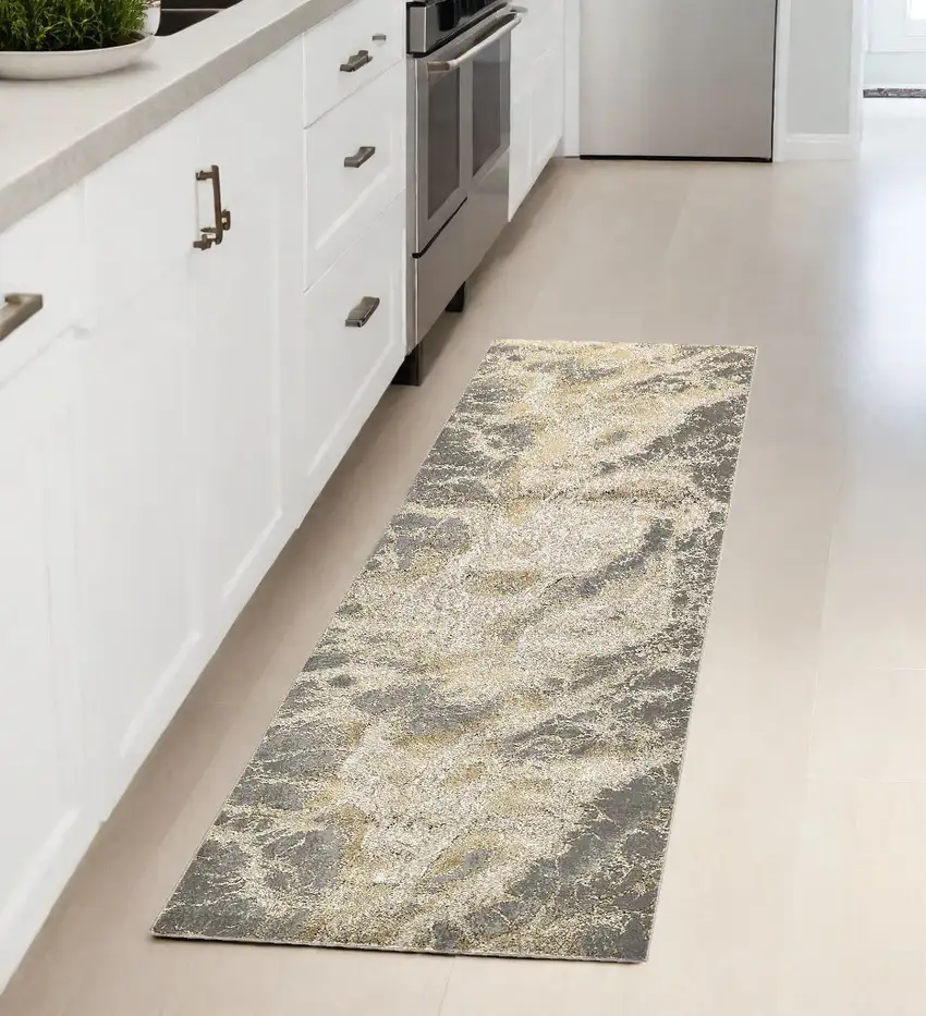 8' Gold and Ivory Marble Power Loom Runner Rug Photo 1