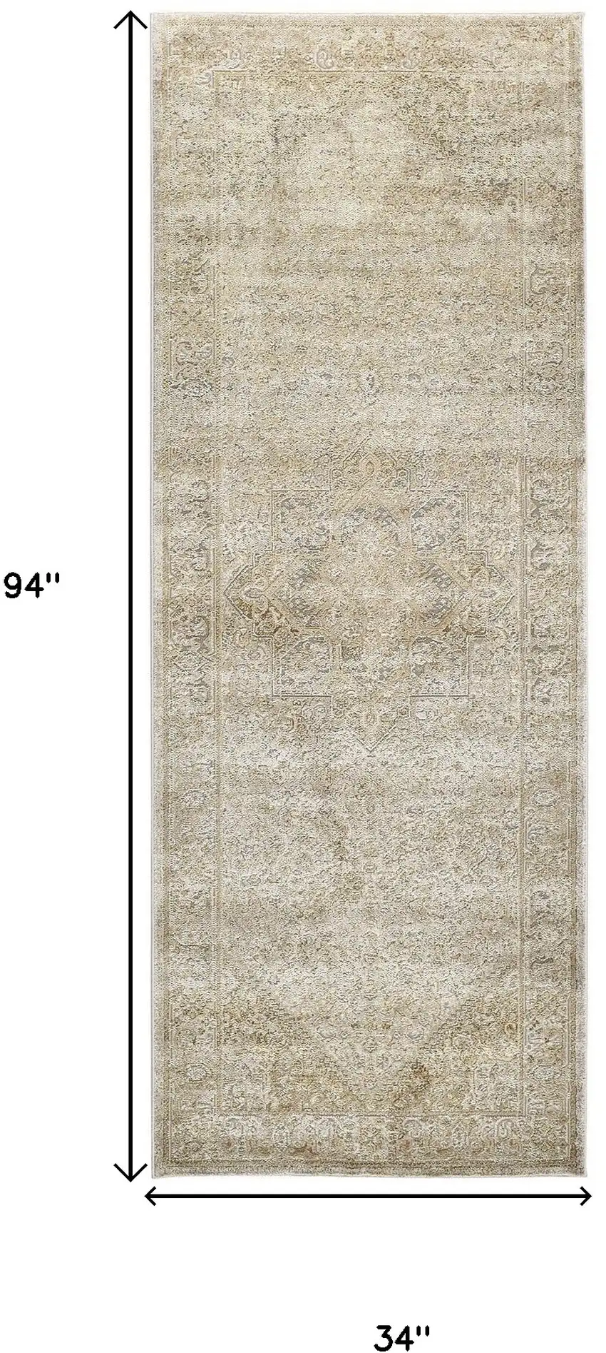 8' Gold and Ivory Medallion Power Loom Runner Rug Photo 3