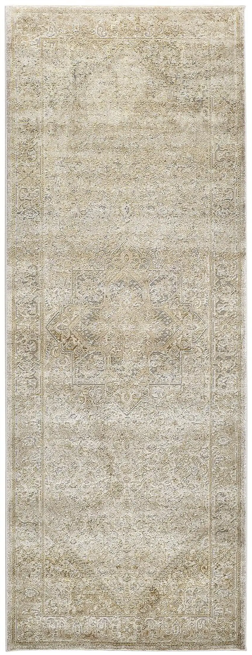 8' Gold and Ivory Medallion Power Loom Runner Rug Photo 2