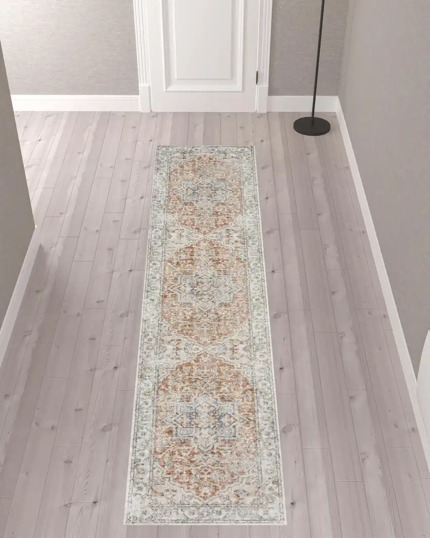 10' Gold and Ivory Oriental Power Loom Washable Runner Rug Photo 2