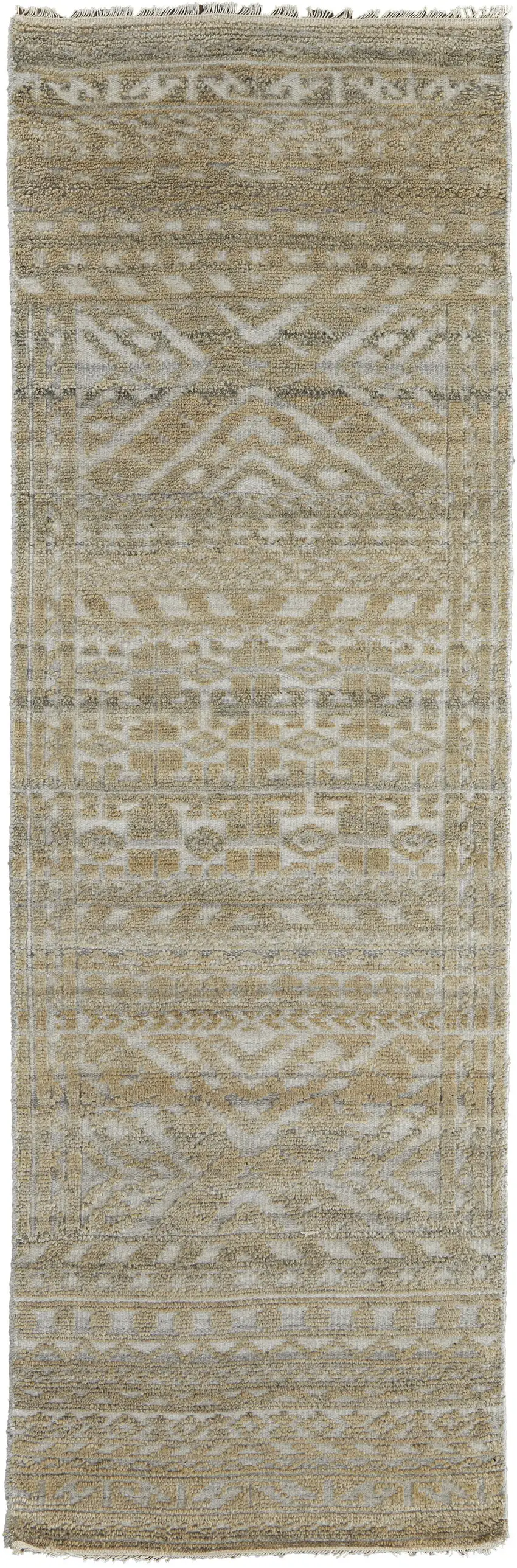 10' Gold and Tan Geometric Hand Knotted Worn Faded Runner Rug Photo 4