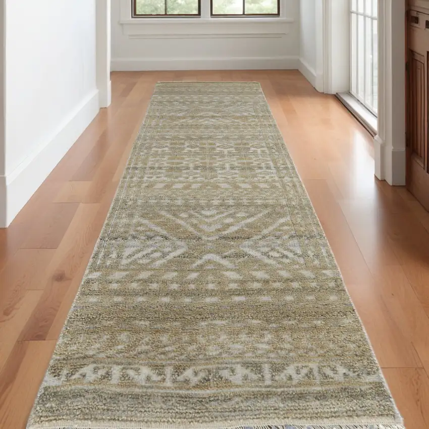 10' Gold and Tan Geometric Hand Knotted Worn Faded Runner Rug Photo 2