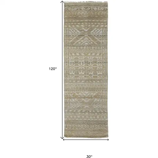 10' Gold and Tan Geometric Hand Knotted Worn Faded Runner Rug Photo 7
