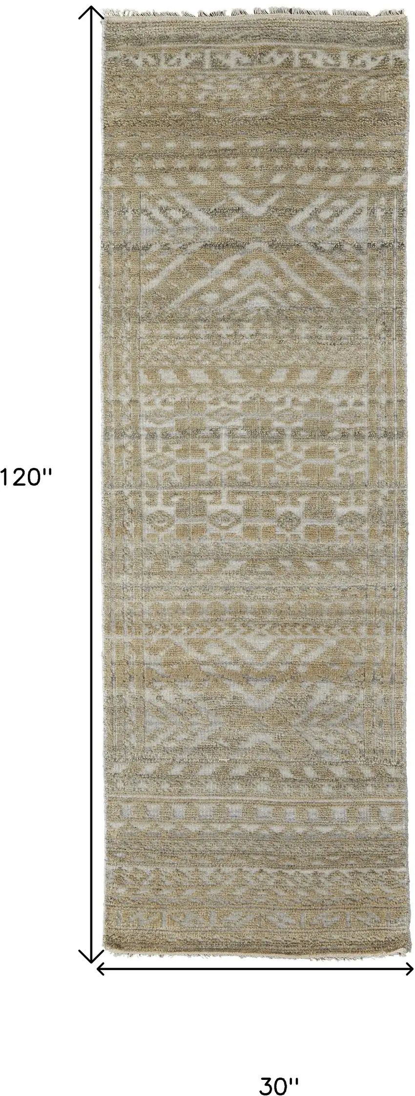10' Gold and Tan Geometric Hand Knotted Worn Faded Runner Rug Photo 7