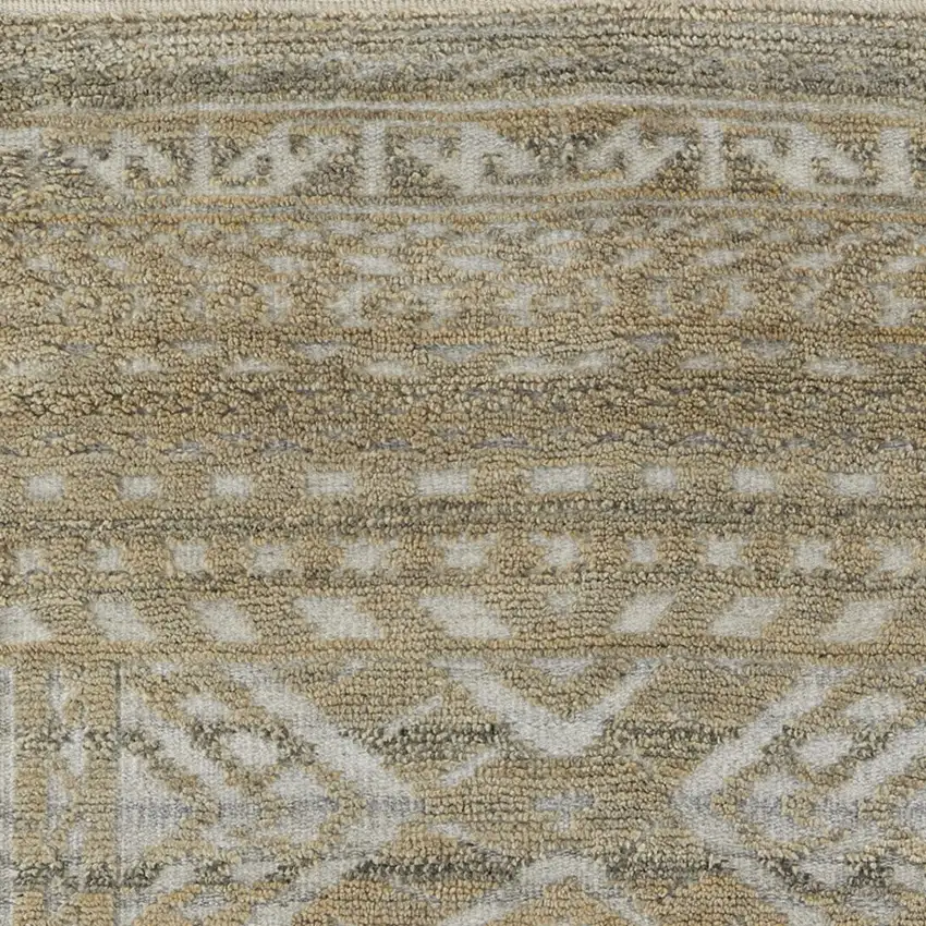 10' Gold and Tan Geometric Hand Knotted Worn Faded Runner Rug Photo 8