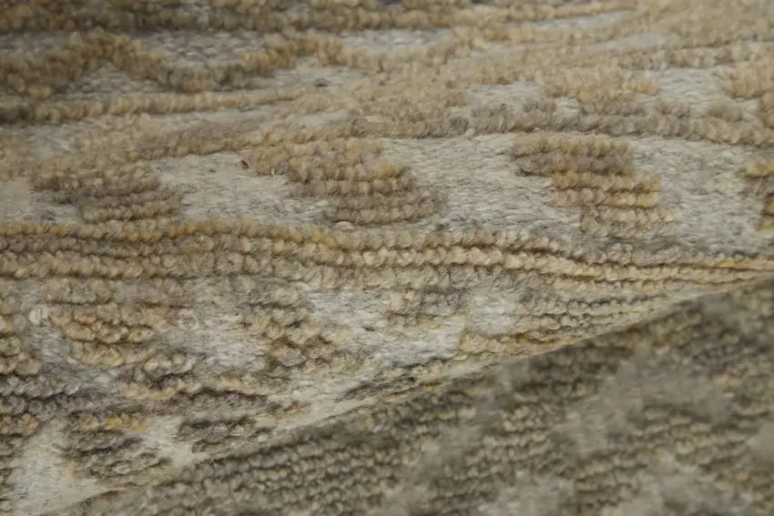 8' Gold and Tan Geometric Hand Knotted Worn Faded Runner Rug Photo 9
