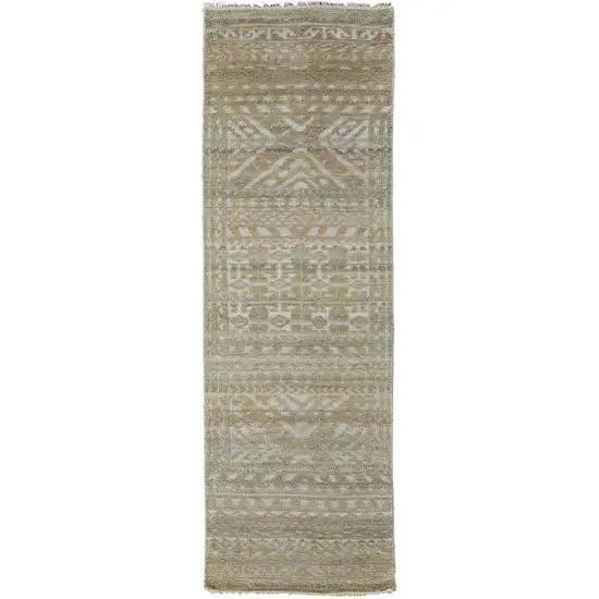 8' Gold and Tan Geometric Hand Knotted Worn Faded Runner Rug Photo 1