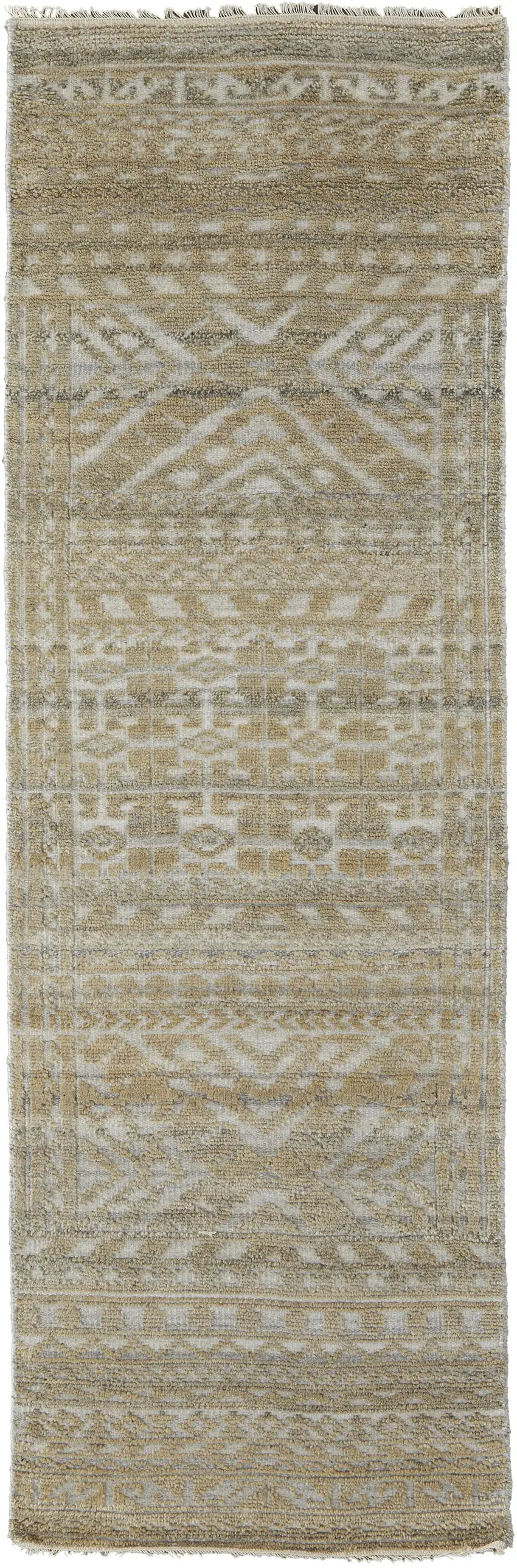 8' Gold and Tan Geometric Hand Knotted Worn Faded Runner Rug Photo 1