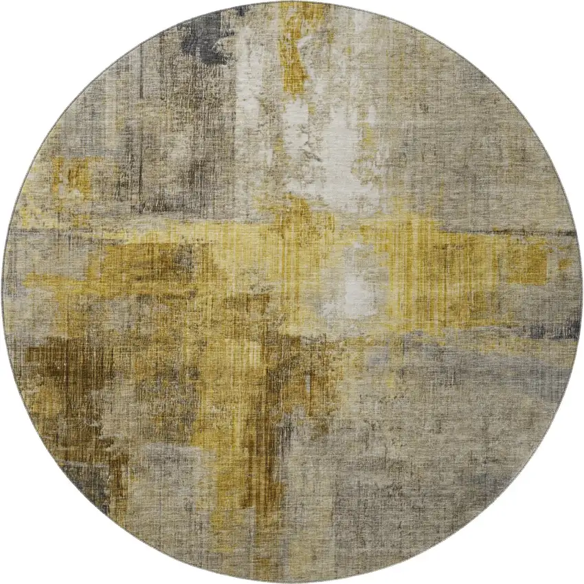 8' Granite Gray And Gold Abstract Washable Round Rug With UV Protection Photo 3
