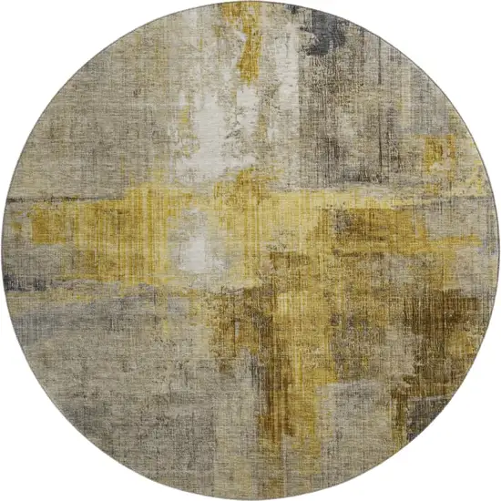 8' Granite Gray And Gold Abstract Washable Round Rug With UV Protection Photo 1