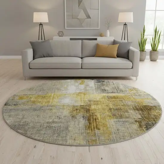 8' Granite Gray And Gold Abstract Washable Round Rug With UV Protection Photo 2