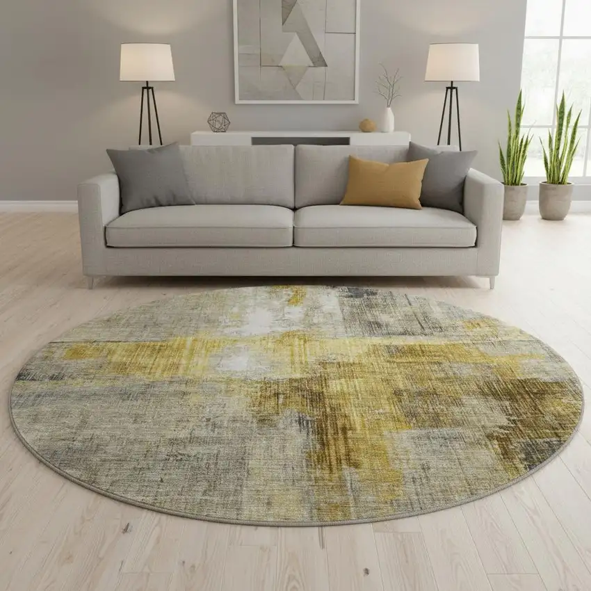 8' Granite Gray And Gold Abstract Washable Round Rug With UV Protection Photo 2