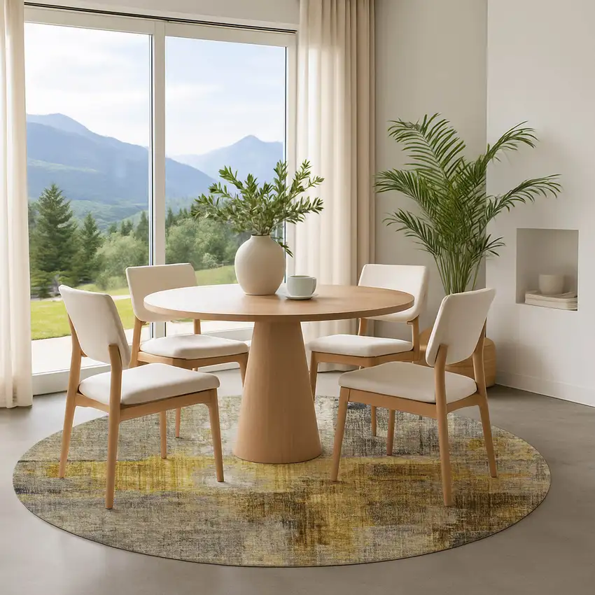 8' Granite Gray And Gold Abstract Washable Round Rug With UV Protection Photo 4