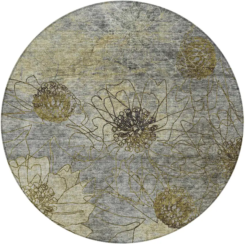 8' Granite Gray And Gold Round Floral Washable Indoor Outdoor Area Rug Photo 5