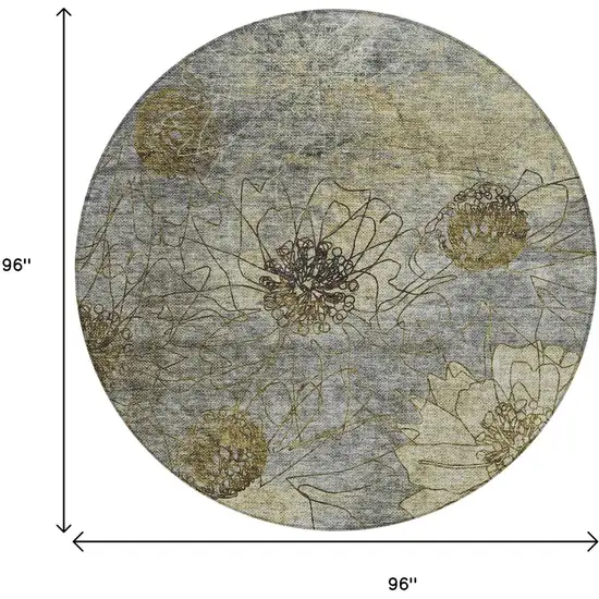 8' Granite Gray And Gold Round Floral Washable Indoor Outdoor Area Rug Photo 3