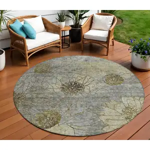 Photo of 8' Granite Gray And Gold Round Floral Washable Indoor Outdoor Area Rug