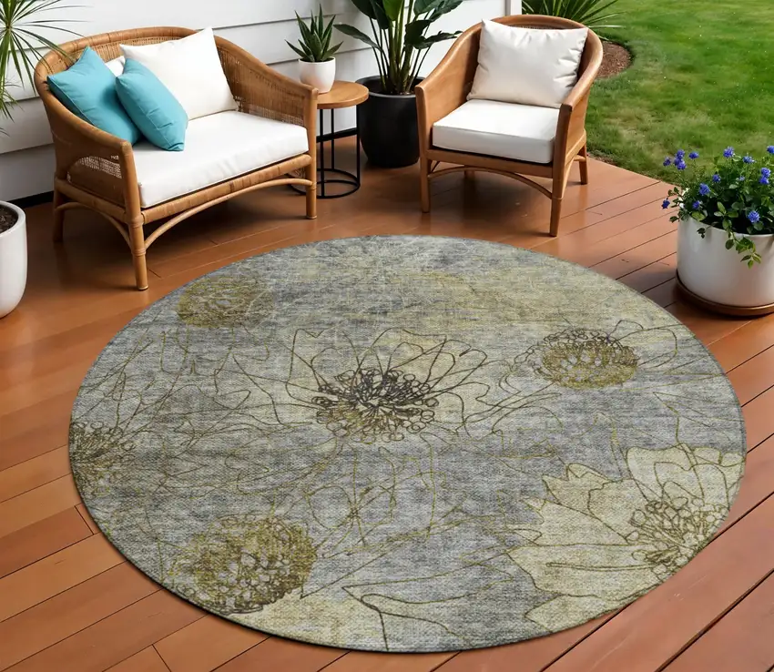 8' Granite Gray And Gold Round Floral Washable Indoor Outdoor Area Rug Photo 1