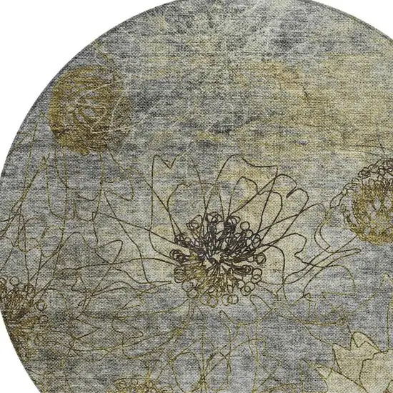 8' Granite Gray And Gold Round Floral Washable Indoor Outdoor Area Rug Photo 7