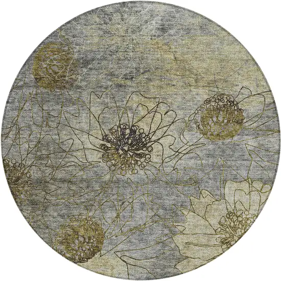 8' Granite Gray And Gold Round Floral Washable Indoor Outdoor Area Rug Photo 2