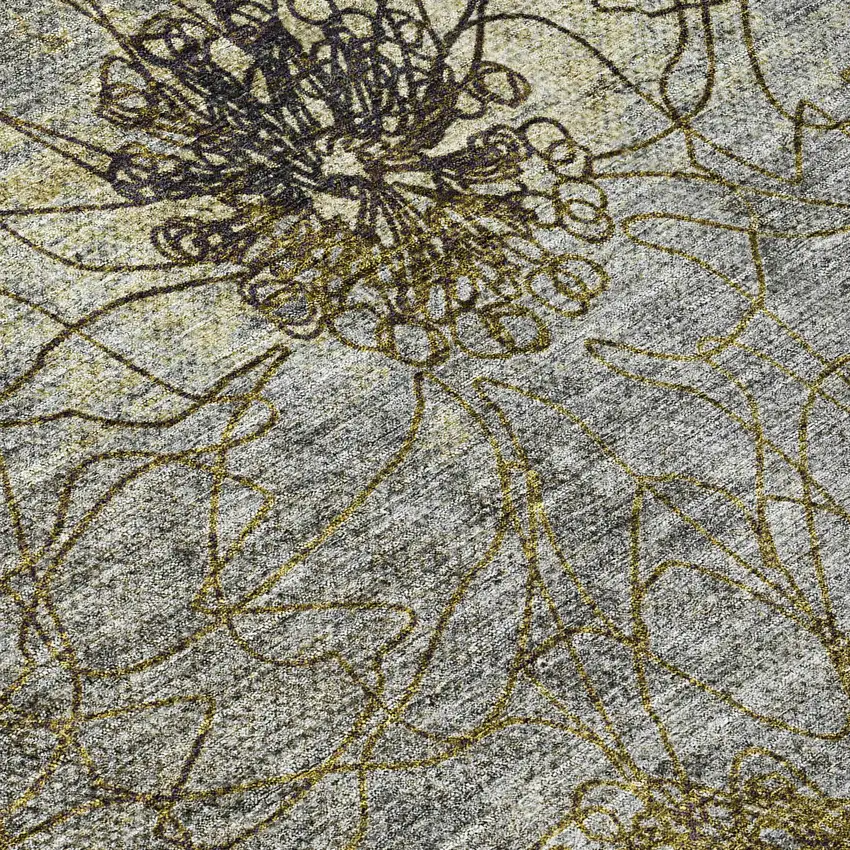 8' Granite Gray And Gold Round Floral Washable Indoor Outdoor Area Rug Photo 8
