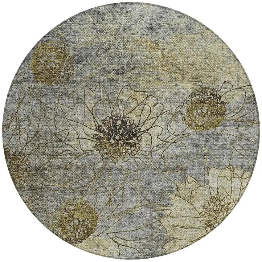 8' Granite Gray And Gold Round Floral Washable Indoor Outdoor Area Rug Photo 4