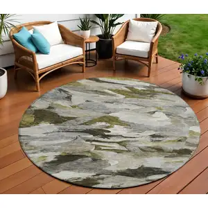 Photo of 8' Granite Gray And Green Round Abstract Washable Indoor Outdoor Area Rug