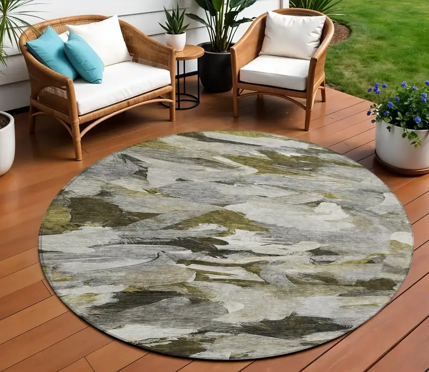 8' Granite Gray And Green Round Abstract Washable Indoor Outdoor Area Rug Photo 1