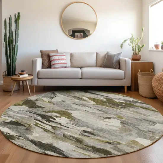 8' Granite Gray And Green Round Abstract Washable Indoor Outdoor Area Rug Photo 9