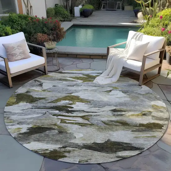 8' Granite Gray And Green Round Abstract Washable Indoor Outdoor Area Rug Photo 8